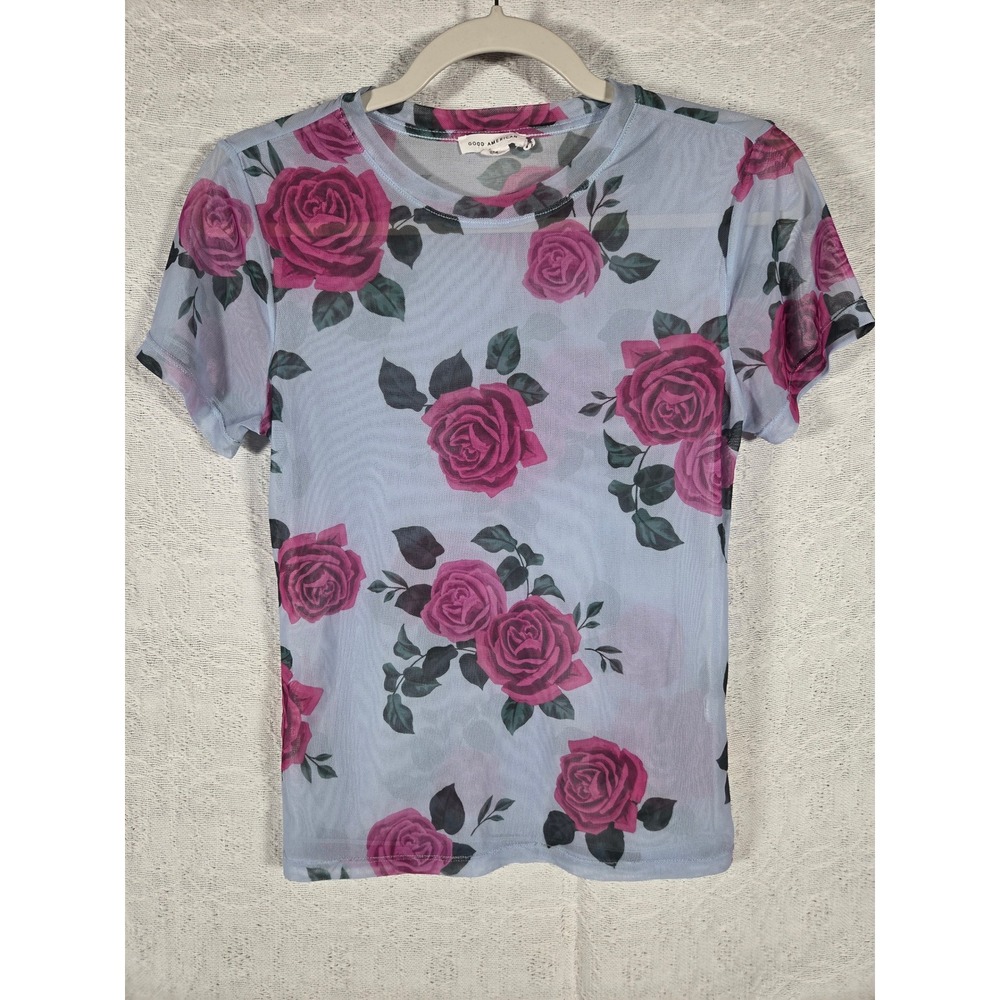 Good American Floral Mesh Baby Tee Blue Pink Rose Sheer Short Sleeve Top Size M